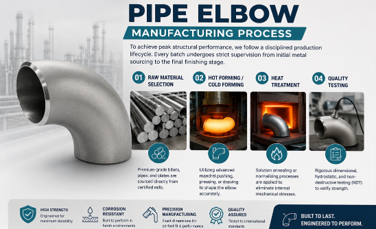 Pipe elbow manufacturing and supplier in India showcasing advanced production processes and quality testing by Jaiman Metalloys